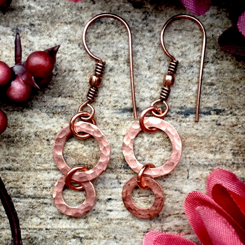 Hammered Copper hoop ring dainty Dangle Earrings